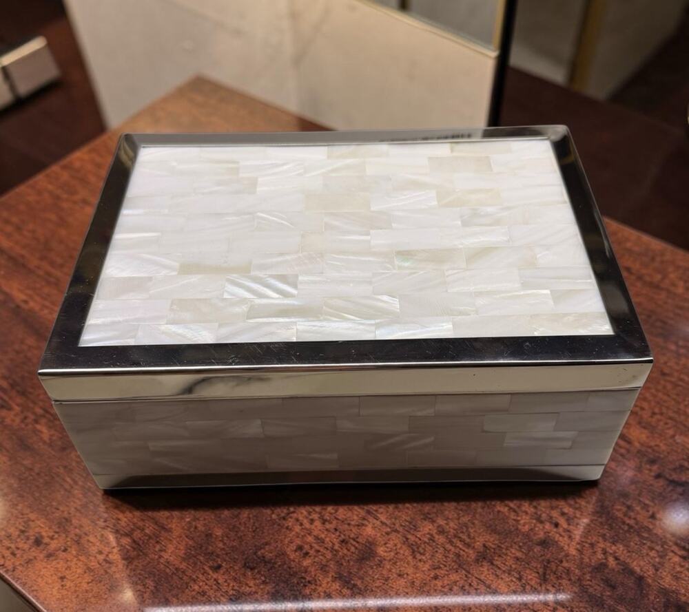 Pottery Barn Mother of Pearl Black Felt Jewelry Box Chrome Mirror Finish Frame